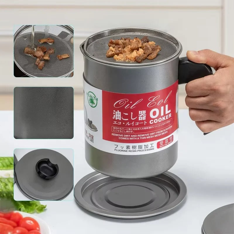 Stainless Steel Oil Pot 1.4L – Oil Strainer Container with Filter | Kitchen Oil Storage & Reuse Pot