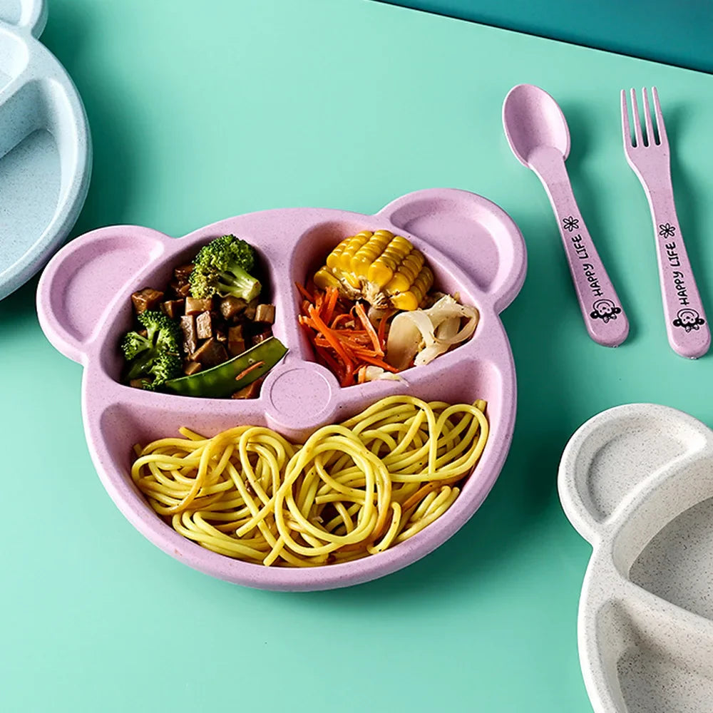 Panda Shape Baby Feeding Set (5pcs) – Kids Divided Plate with Spoon & Fork | Cute BPA Free Dinner Set