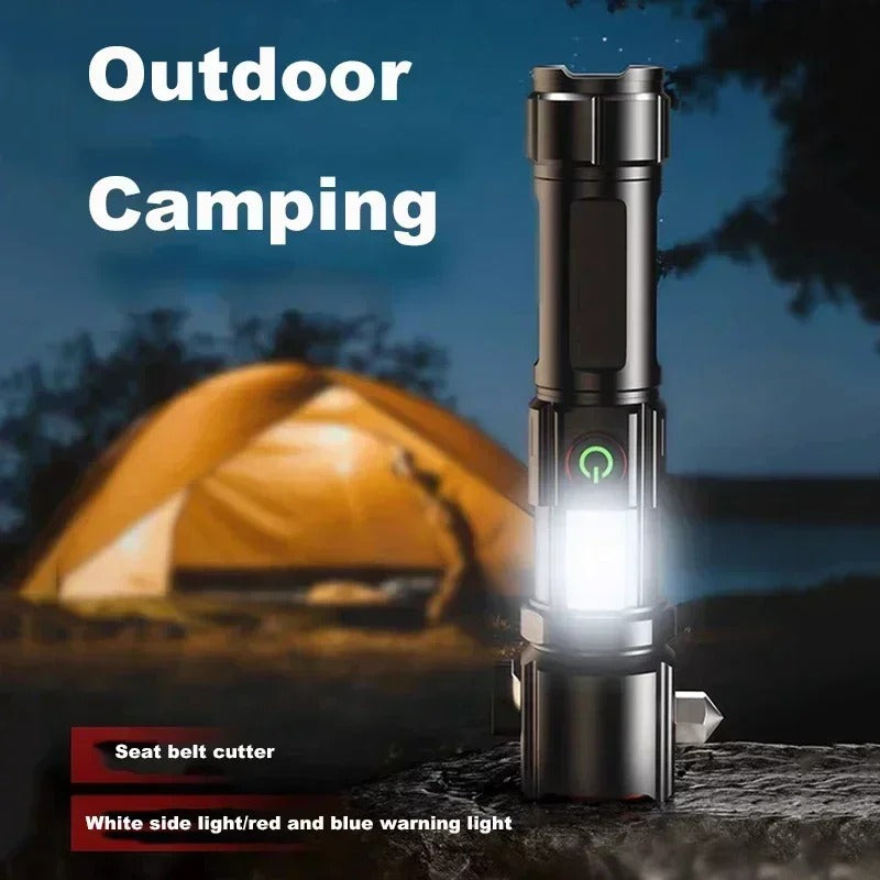 Rechargeable Metal Torch with Safety Hammer – LED Flashlight for Emergency, Car & Outdoor Use