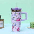 Floral Tumbler with Handle – Insulated Flower Design Cup with Straw