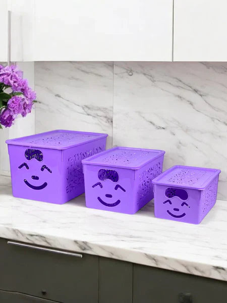 Smiley Storage Box Set (3 Pcs) – Multi Size Organizer with Lid | Cute Plastic Storage Bins