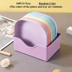 10PCS Plate Set with Stand – Multi-Color Snack Plates with Storage Holder | Durable Serving Dish Set