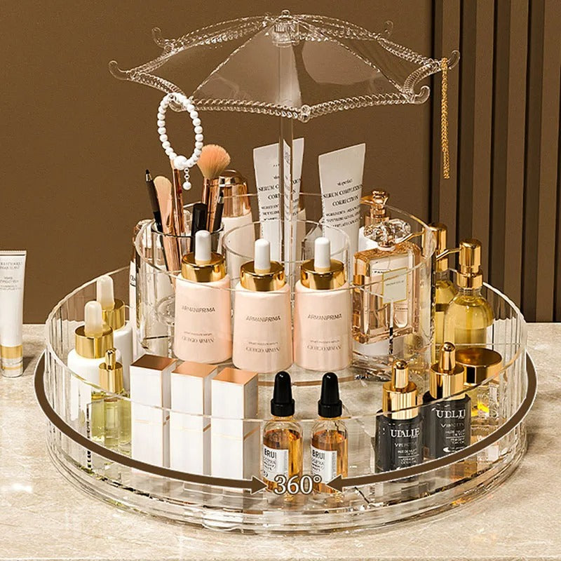 Umbrella Makeup Organizer 360° Rotating – Transparent Cosmetic Storage Stand