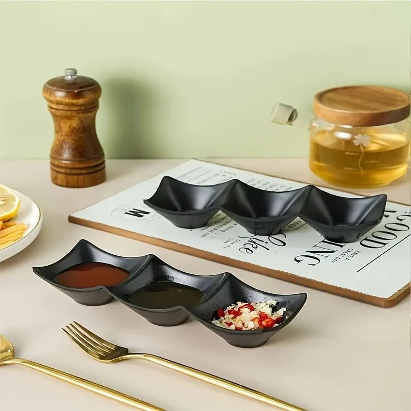 Pack of 3 Black Sauce Dish Set – 3 Compartment Seasoning Plate for Kitchen & Dining