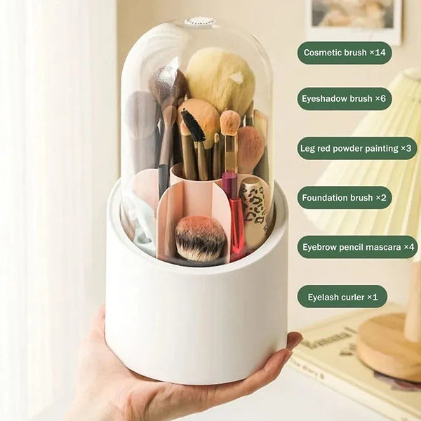 360° Rotating Makeup Brush Organizer – Dustproof Cosmetic Storage Box