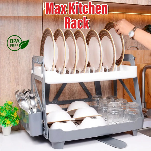 Max Kitchen Plate Stand – 2 Tier Dish Drying Rack with Drain Tray | BPA-Free Kitchen Organizer