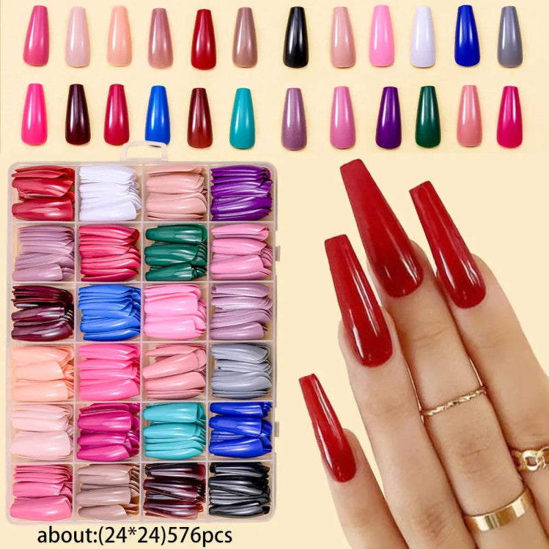 576pcs Artificial Nail Tips Set – Multi Color Long Nails Kit
