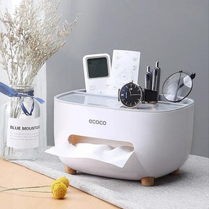 Multifunctional Tissue Box Holder with Remote Storage – Plastic Organizer Stand