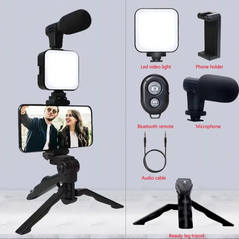 3-in-1 Vlogging Kit – Tripod Stand + LED Fill Light + Microphone Set for Mobile