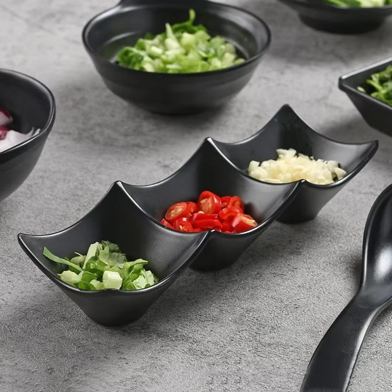 Pack of 3 Black Sauce Dish Set – 3 Compartment Seasoning Plate for Kitchen & Dining