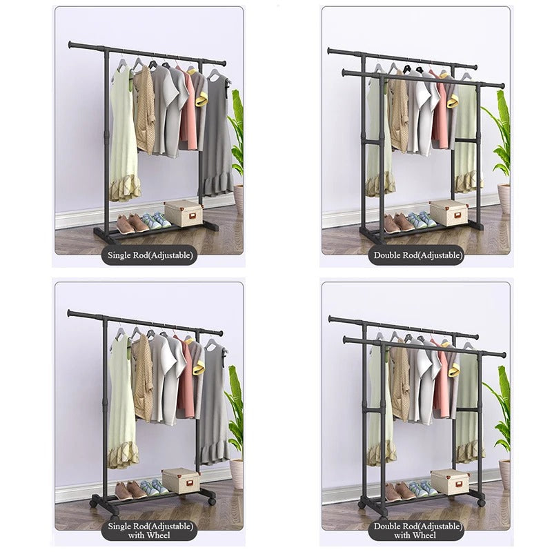Heavy Duty Clothes Rack with Shoe Shelf (50KG) – Industrial Metal Garment Stand with Wheels