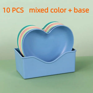 Pack of 10 Heart Shape Plate Set with Stand – Cute Snack & Dessert Plates | Multi-Color Serving Bowls Set