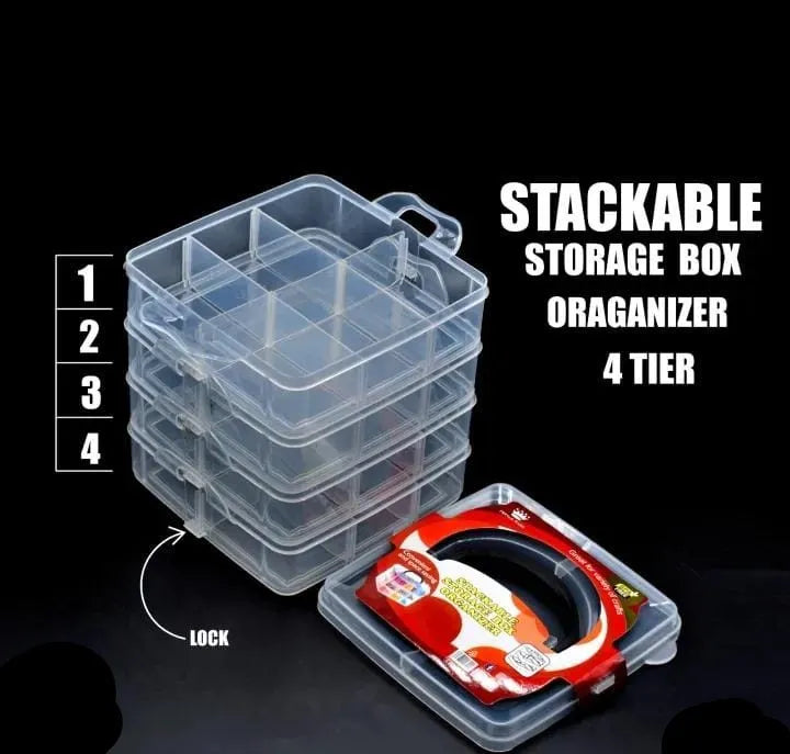 4 Layer Stackable Storage Box Organizer – Multi Tier Plastic Storage Case with Compartments & Lock