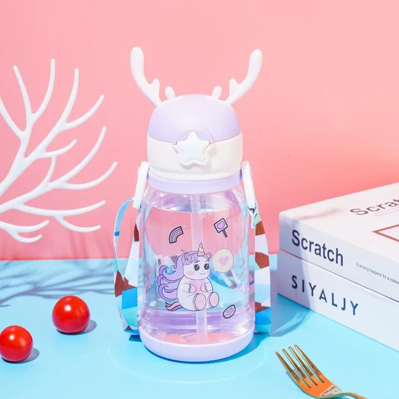 Kids Horn Water Bottle – Cute Cartoon Straw Bottle with Strap (Leakproof & BPA Free)