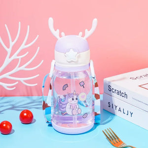 Kids Horn Water Bottle – Cute Cartoon Straw Bottle with Strap (Leakproof & BPA Free)