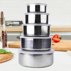 5 Pcs Stainless Steel Bowl Set with Lids – Multi-Size Kitchen Mixing & Storage Bowls