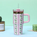 Floral Tumbler with Handle – Insulated Flower Design Cup with Straw