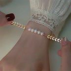 Golden Bracelet for Women – Elegant Leaf & Pearl Design Hand Jewelry
