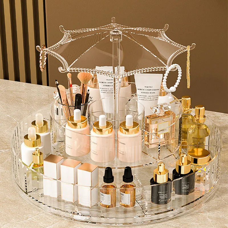 Umbrella Makeup Organizer 360° Rotating – Transparent Cosmetic Storage Stand