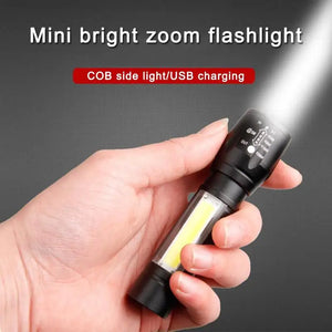 Mini USB Rechargeable Flashlight – COB LED Zoom Torch with Side Light (3 Modes)