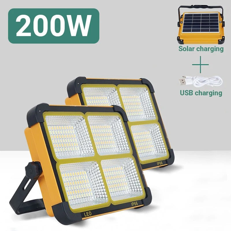 200W Solar LED Flood Light – Rechargeable Dimmable Outdoor Light with USB & Solar Charging (IP66 Waterproof)