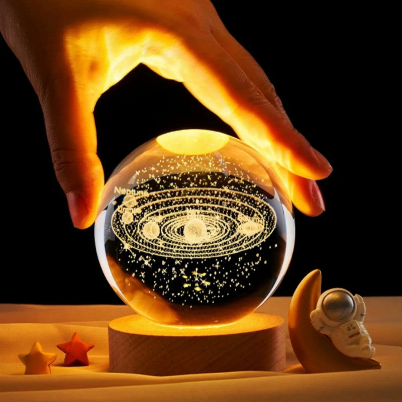 3D Galaxy Crystal Ball Lamp – LED Night Light | Solar System Glass Lamp with Wooden Base