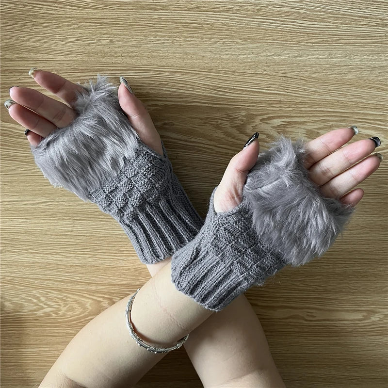 Winter Women Gloves – Soft Wool Knit Fingerless Gloves with Fur | Warm & Stylish Hand Warmers