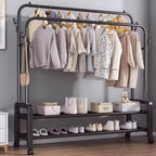 Heavy Duty Hanging Cloth Rack (48KG) – Double Rod Garment Stand with Wheels & Storage Shelf