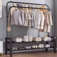 Heavy Duty Hanging Cloth Rack (48KG) – Double Rod Garment Stand with Wheels & Storage Shelf