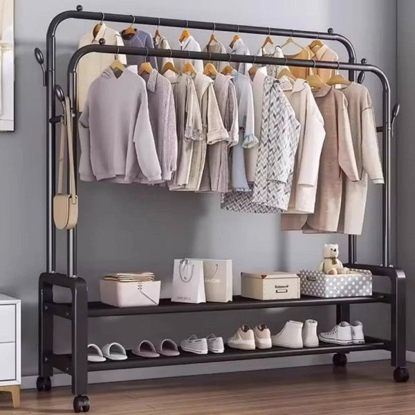 Heavy Duty Hanging Cloth Rack (48KG) – Double Rod Garment Stand with Wheels & Storage Shelf