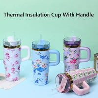 Floral Tumbler with Handle – Insulated Flower Design Cup with Straw