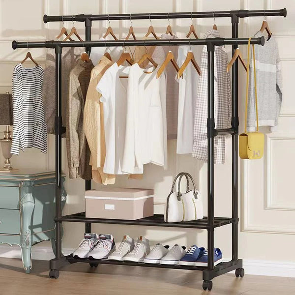 Heavy Duty Clothes Rack with Shoe Shelf (50KG) – Industrial Metal Garment Stand with Wheels