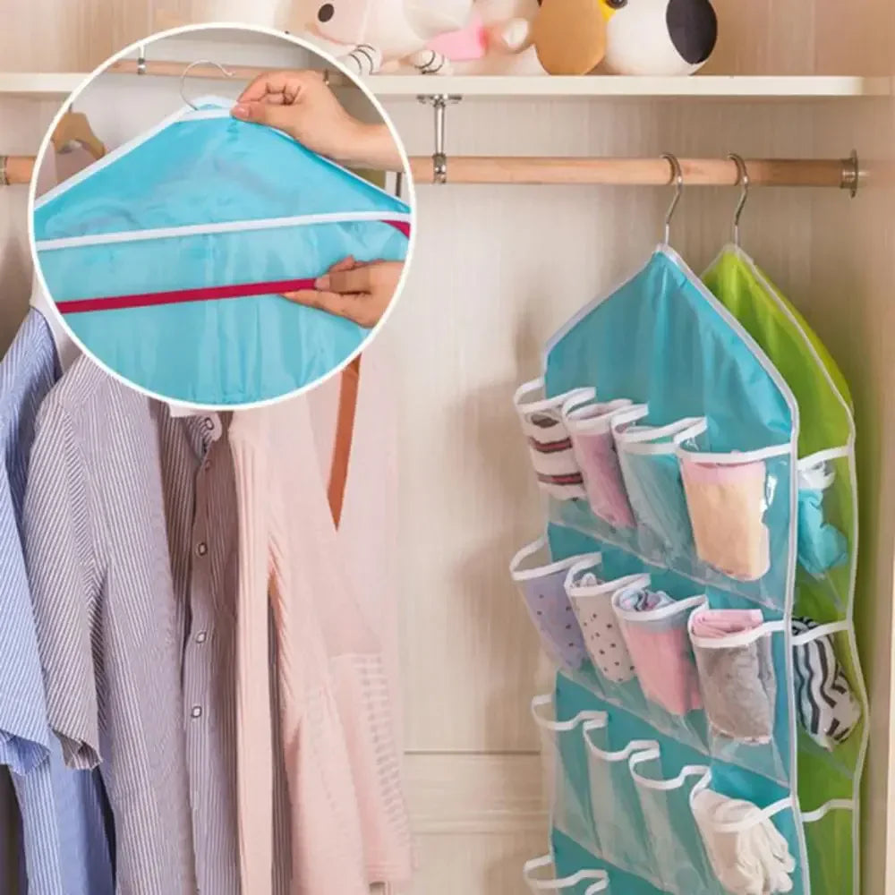 Pack of (2) 16 Pocket Hanging Organizer – Wardrobe Storage for Socks, Underwear & Accessories