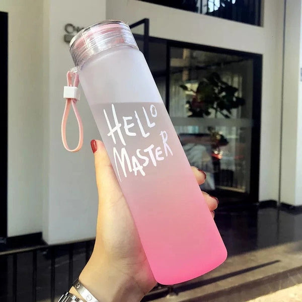 Hello Master Glass Bottle – Gradient Frosted Water Bottle with Strap