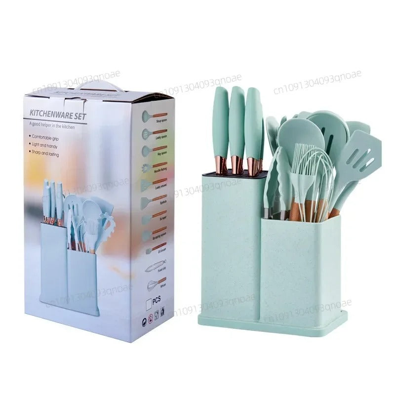 Silicone Spoon Set with Knife Set – Kitchen Utensils Set with Holder