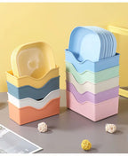 10PCS Plate Set with Stand – Multi-Color Snack Plates with Storage Holder | Durable Serving Dish Set