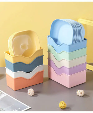 10PCS Plate Set with Stand – Multi-Color Snack Plates with Storage Holder | Durable Serving Dish Set