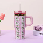 Floral Tumbler with Handle – Insulated Flower Design Cup with Straw