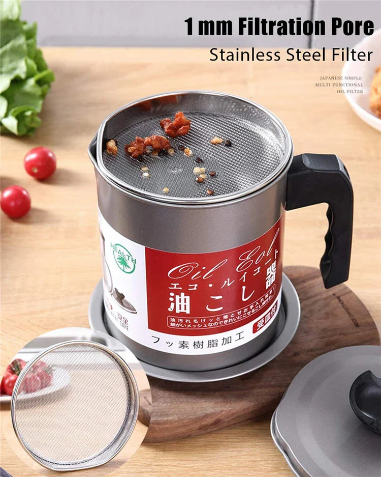 Stainless Steel Oil Pot 1.4L – Oil Strainer Container with Filter | Kitchen Oil Storage & Reuse Pot