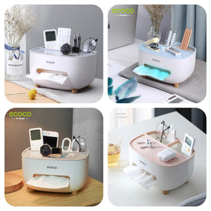 Multifunctional Tissue Box Holder with Remote Storage – Plastic Organizer Stand