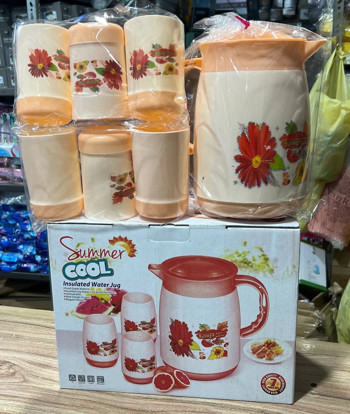 Summer Jug Set with Glasses (7pcs) – Water & Juice Serving Set | Stylish Plastic Pitcher Set