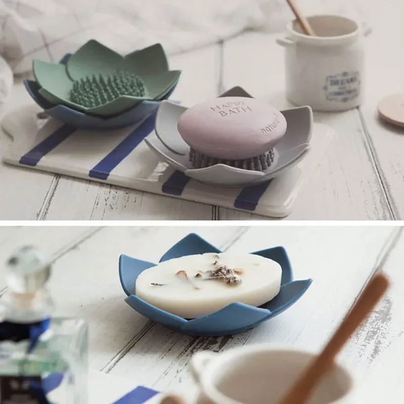 Pack of 3 Silicone Flower Soap Holder with Brush Base – Anti-Slip Self Draining Soap Dish