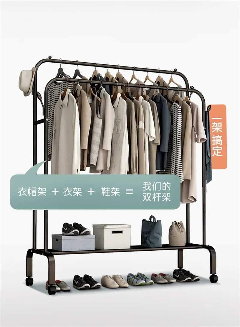 Heavy Duty Hanging Cloth Rack (48KG) – Double Rod Garment Stand with Wheels & Storage Shelf