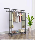 Heavy Duty Clothes Rack with Shoe Shelf (50KG) – Industrial Metal Garment Stand with Wheels