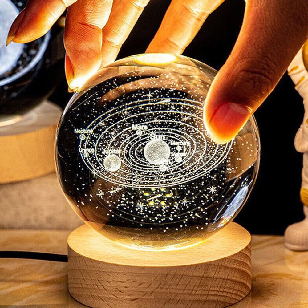 3D Galaxy Crystal Ball Lamp – LED Night Light | Solar System Glass Lamp with Wooden Base
