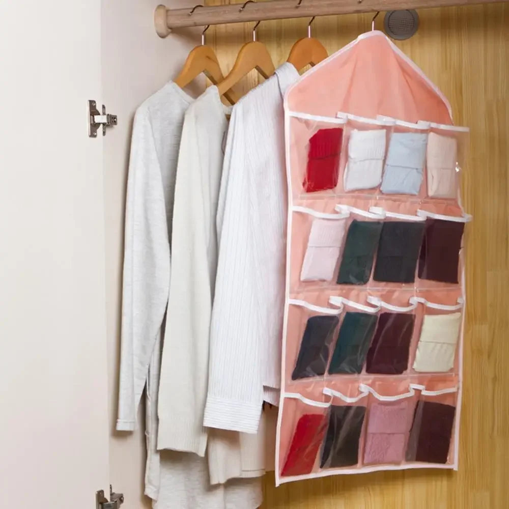 Pack of (2) 16 Pocket Hanging Organizer – Wardrobe Storage for Socks, Underwear & Accessories