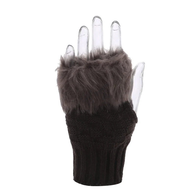 Winter Women Gloves – Soft Wool Knit Fingerless Gloves with Fur | Warm & Stylish Hand Warmers