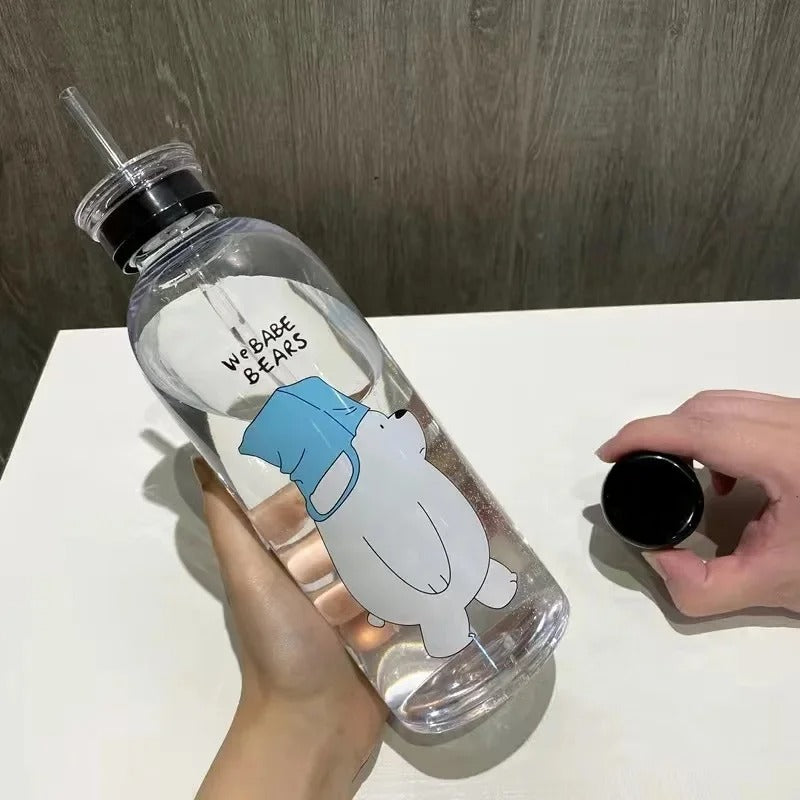 Panda Bear Transparent Water Bottle – Cute Straw Bottle (Leakproof & BPA Free)