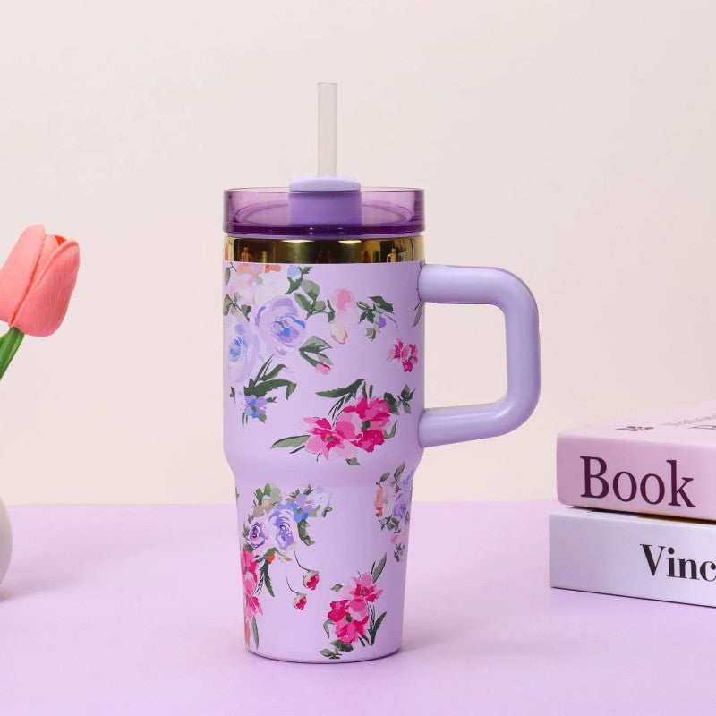 Floral Tumbler with Handle – Insulated Flower Design Cup with Straw