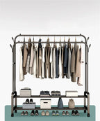 Heavy Duty Hanging Cloth Rack (48KG) – Double Rod Garment Stand with Wheels & Storage Shelf